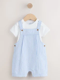 Blauw gestreept - Geweven bretelbroeken en bodysuit babyset (0mnd -2jr)