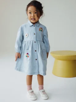 Blauw gestreept - Long Sleeve Cotton Dress (3mths-8yrs)