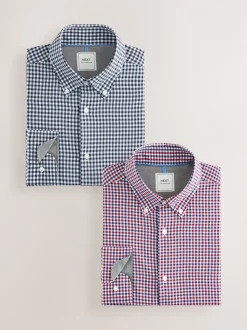 Blauw gingham/rood gingham - Set van 2 stuks strijkvrije Oxford-overhemden