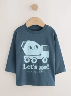 Blauw graafmachine - Set van 3 T-shirts met grafische print en lange mouwen (3mnd-7jr)