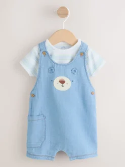 Blauw met beren - Woven Dungarees and Bodysuit Baby Set (0mths-2yrs)