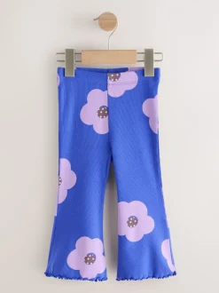 Blauw met bloemen - Geribbelde flare legging (3 mnd-7 jr)
