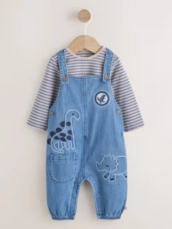 Blauw met dinosaurus - Babyset van denim bretelbroeken en bodysuit (0 mnd - 2 jr)