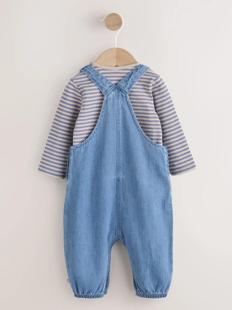 Blauw met dinosaurus - Babyset van denim bretelbroeken en bodysuit (0 mnd - 2 jr)