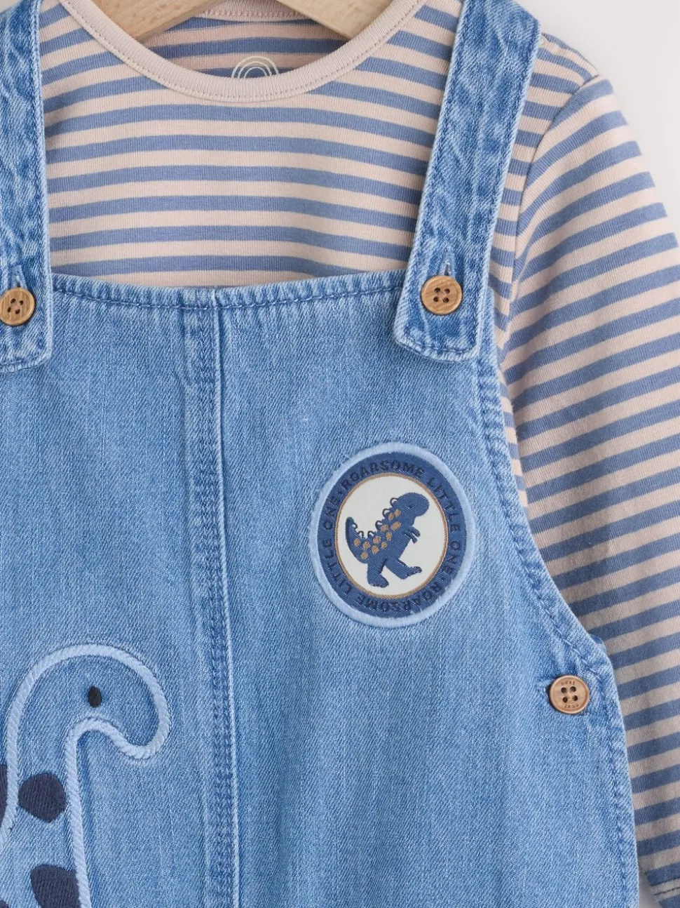 Blauw met dinosaurus - Babyset van denim bretelbroeken en bodysuit (0 mnd - 2 jr)