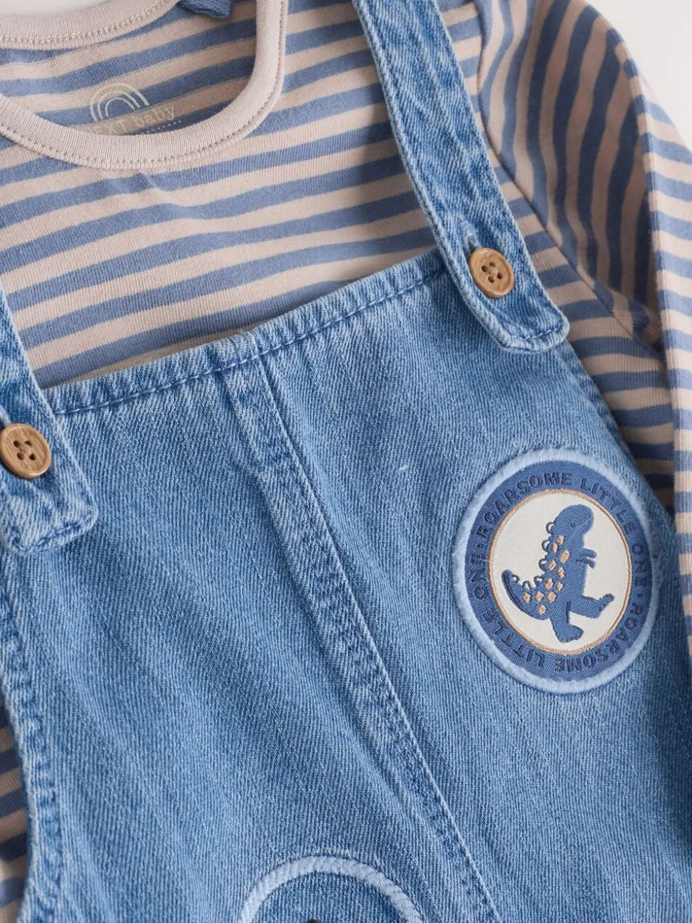 Blauw met dinosaurus - Babyset van denim bretelbroeken en bodysuit (0 mnd - 2 jr)