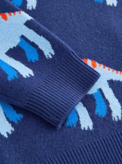 Blauw met dinosaurus - Gebreide trui met ronde hals (3 mnd - 7 jr)