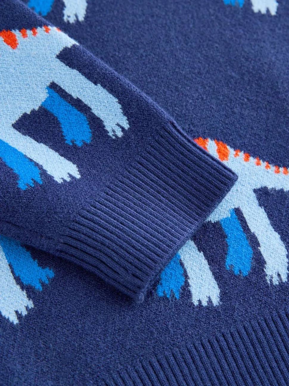Blauw met dinosaurus - Gebreide trui met ronde hals (3 mnd - 7 jr)