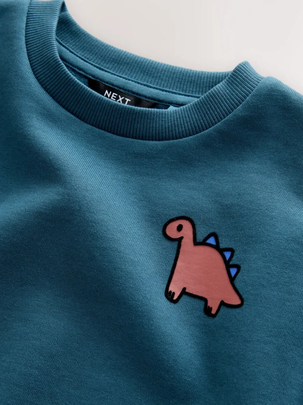 Blauw met dinosaurus - Jersey sweatshirt met ronde hals en print op de rug (3mnd -7jr)