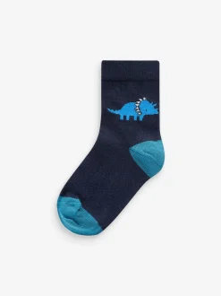 Blauw met dinosaurus - Verpakking van 7 paar sokken met hoog aandeel katoen
