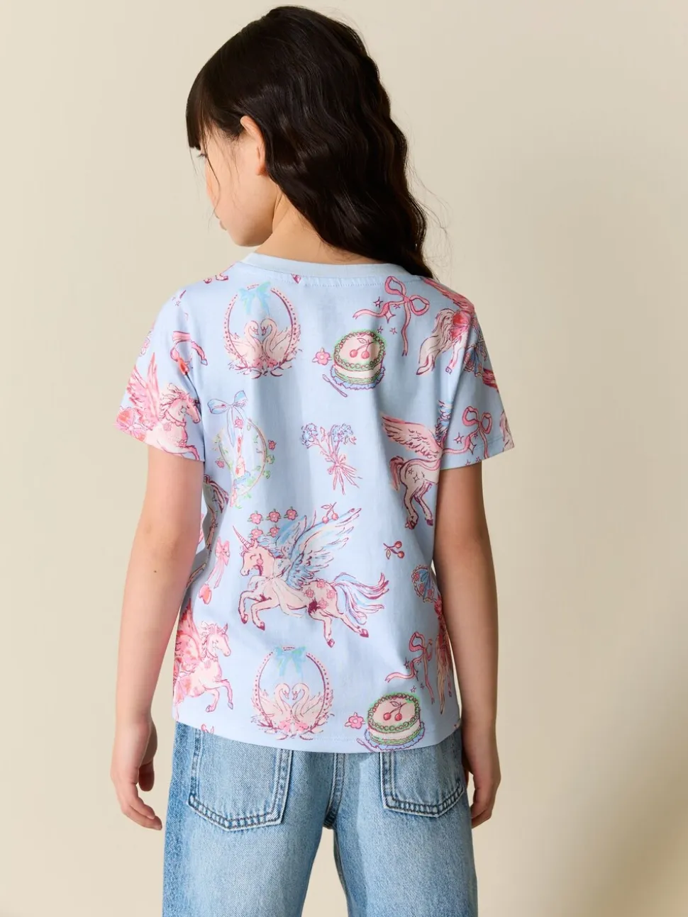 Blauw met eenhoornprint - T-shirt (3-16 jr)