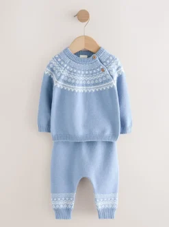 Blauw met fairislemotief - Set van gebreide top en legging (0mnd -2jr)