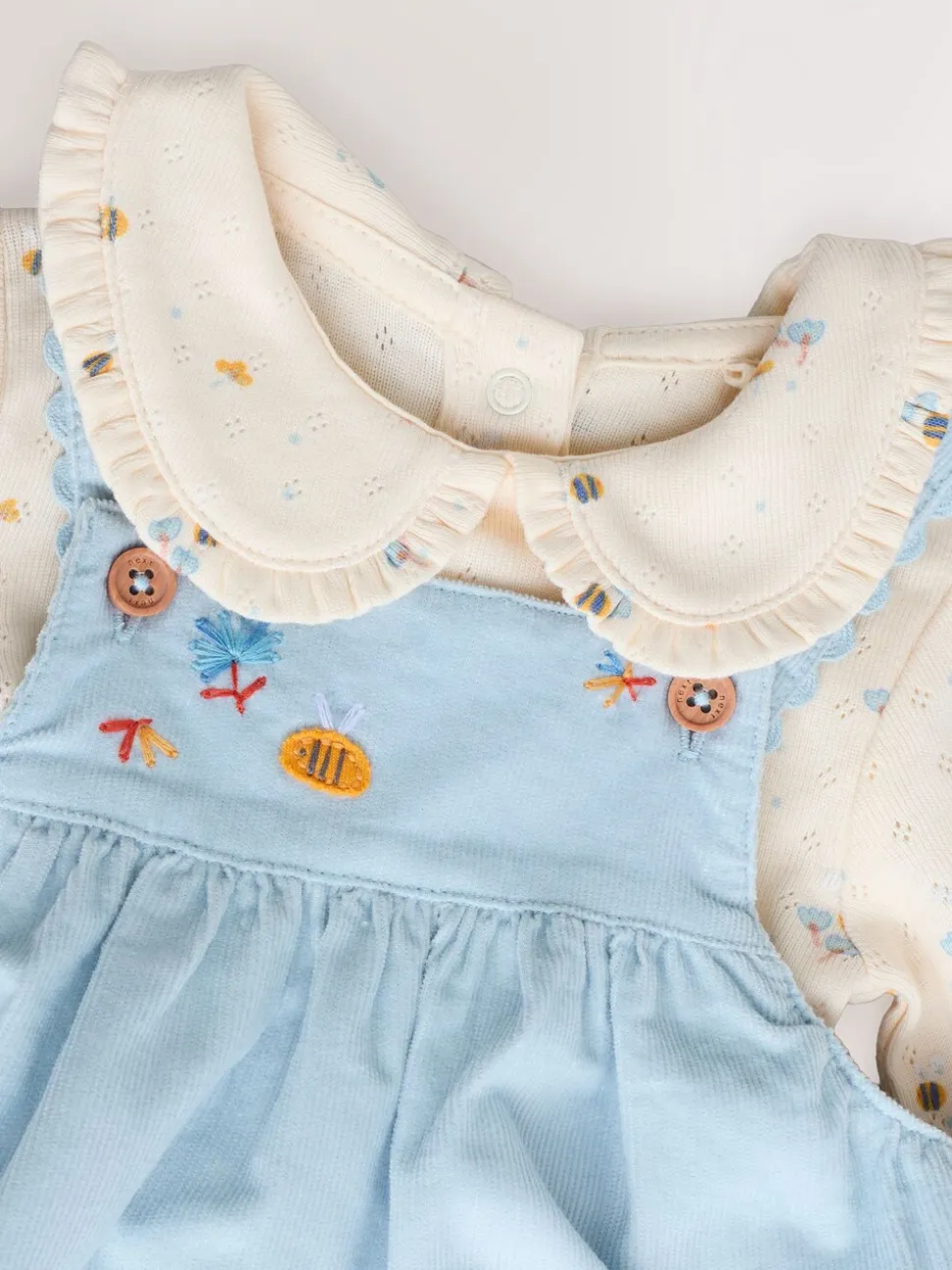 Blauw met figuurtjes - Set van corduroy pinafore, bodysuit met lange mouwen en maillot voor baby's (0mnd-2jr)
