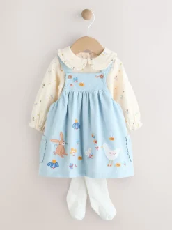 Blauw met figuurtjes - Set van corduroy pinafore, bodysuit met lange mouwen en maillot voor baby's (0mnd-2jr)