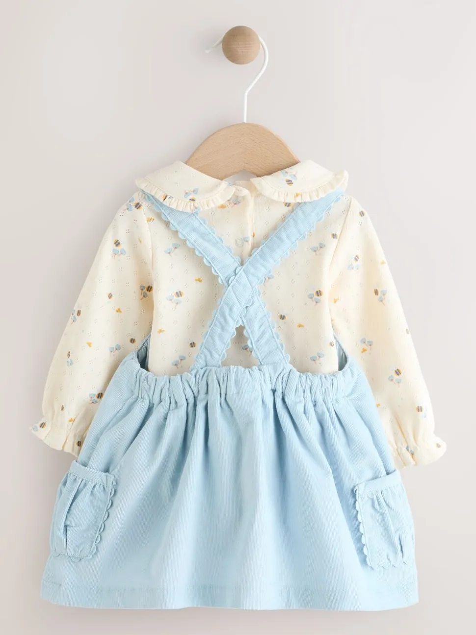 Blauw met figuurtjes - Set van corduroy pinafore, bodysuit met lange mouwen en maillot voor baby's (0mnd-2jr)