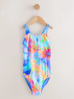 Blauw met golvende print - Badpak met dubbele bandjes (3-16jr)