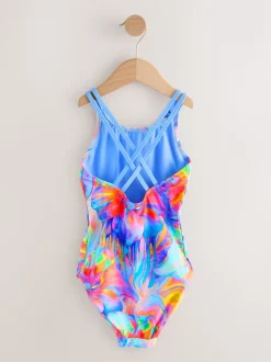 Blauw met golvende print - Badpak met dubbele bandjes (3-16jr)