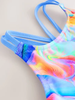 Blauw met golvende print - Badpak met dubbele bandjes (3-16jr)