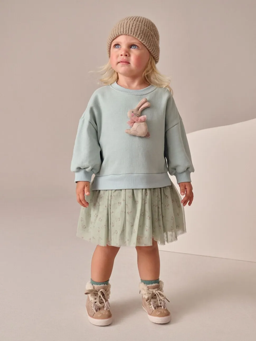 Blauw met konijnen - Feestjurk van sweaterstof (3 mnd-7 jr)