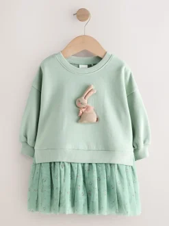 Blauw met konijnen - Feestjurk van sweaterstof (3 mnd-7 jr)