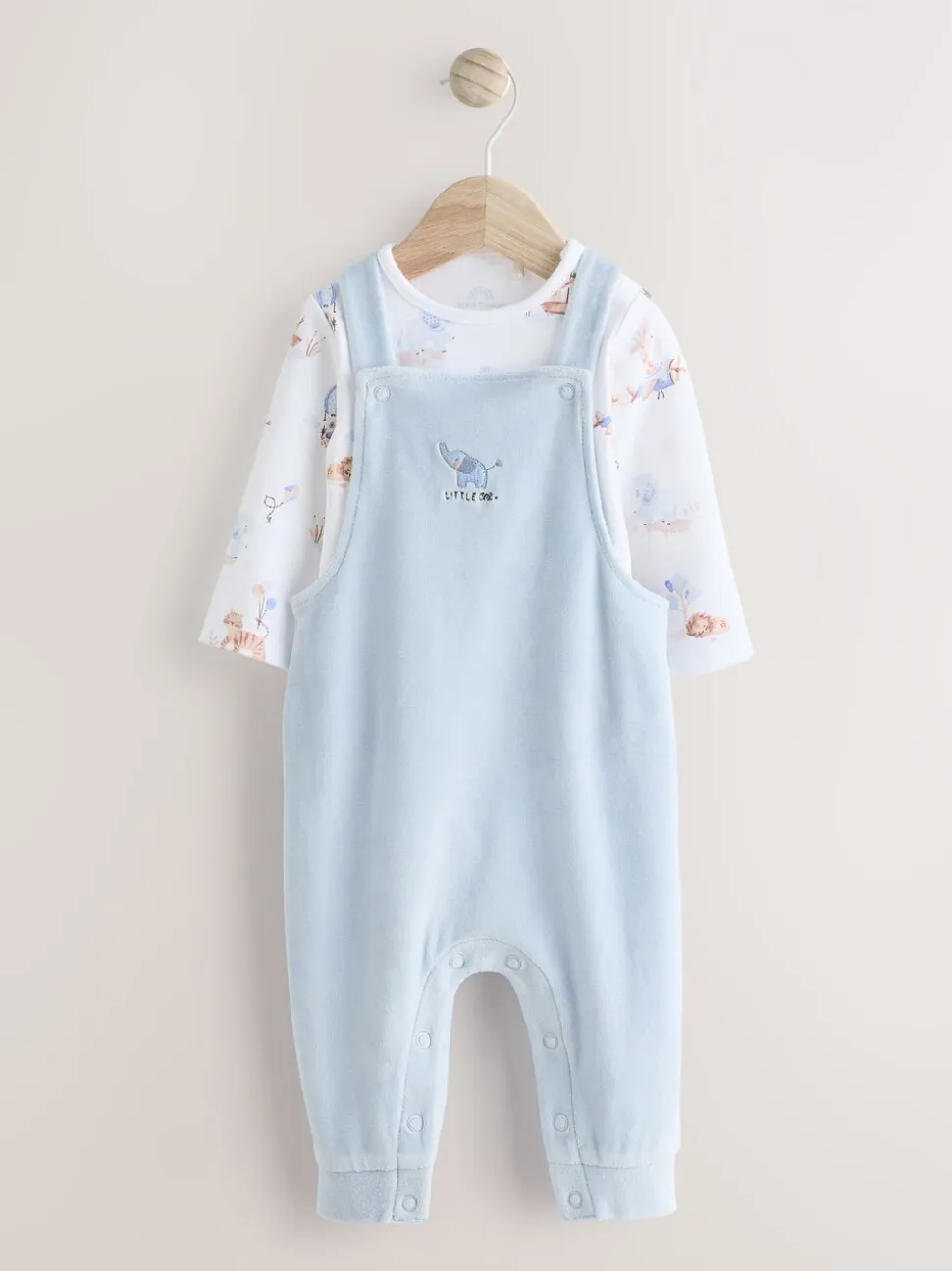 Blauw met olifantenprint - Baby Velours bretelbroeken en Bodysuit Set (0mths-3yrs)