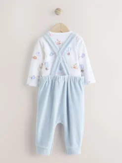 Blauw met olifantenprint - Baby Velours bretelbroeken en Bodysuit Set (0mths-3yrs)