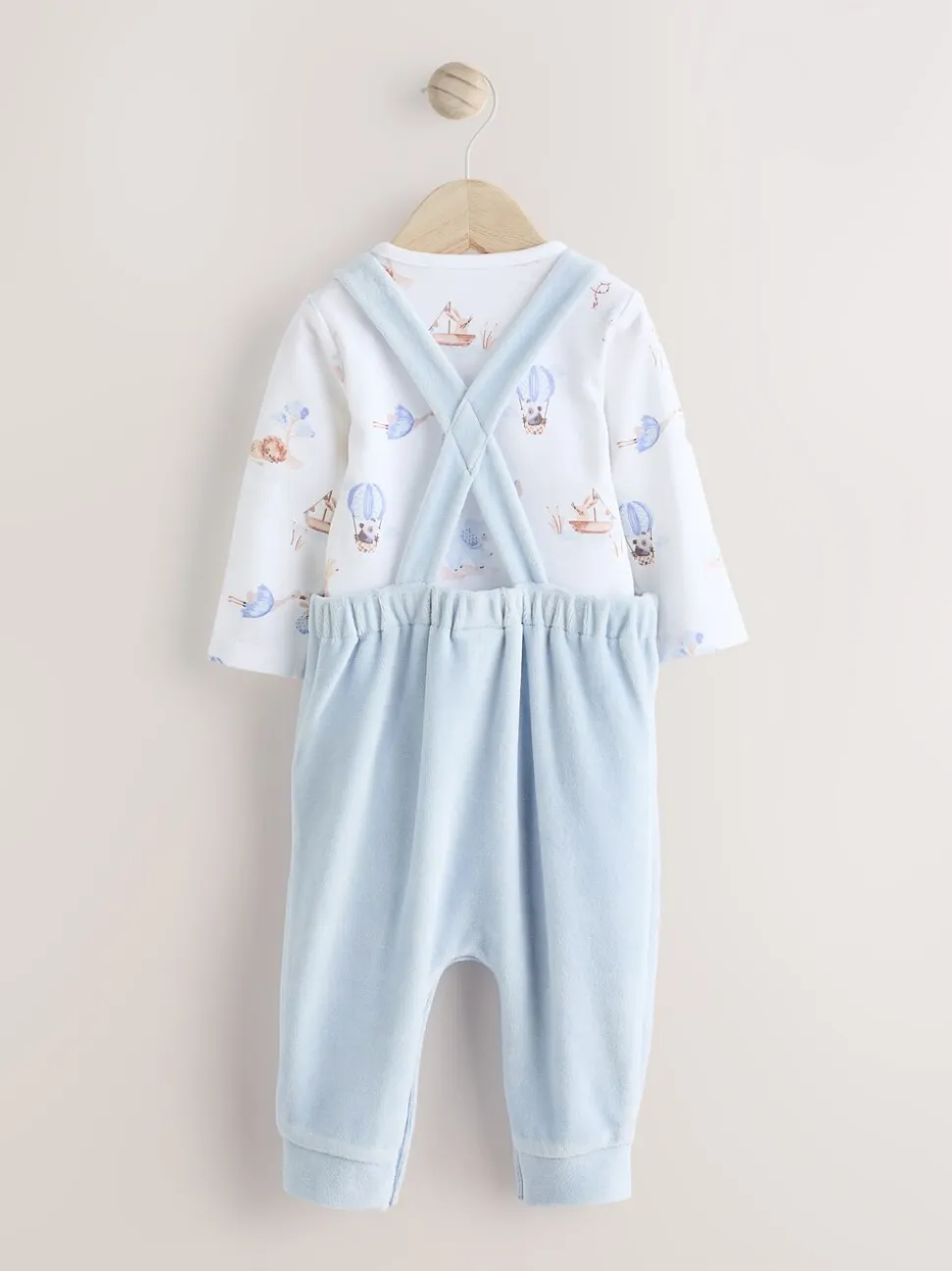 Blauw met olifantenprint - Baby Velours bretelbroeken en Bodysuit Set (0mths-3yrs)