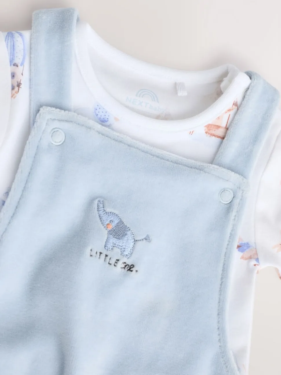 Blauw met olifantenprint - Baby Velours bretelbroeken en Bodysuit Set (0mths-3yrs)