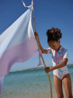 Blauw met schelp - Short Sleeved Sunsafe Swimsuit (3mths-16yrs)