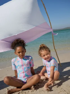 Blauw met schelp - Short Sleeved Sunsafe Swimsuit (3mths-16yrs)