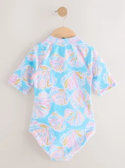 Blauw met schelp - Short Sleeved Sunsafe Swimsuit (3mths-16yrs)