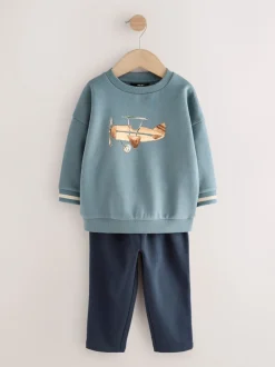Blauw met vliegtuig - Set met sweatshirt en joggingbroek (3mnd -7jr)