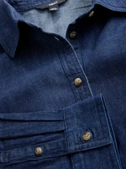 Blauw met wassing - Cinch Waist Fitted Long Sleeve Denim Shirt