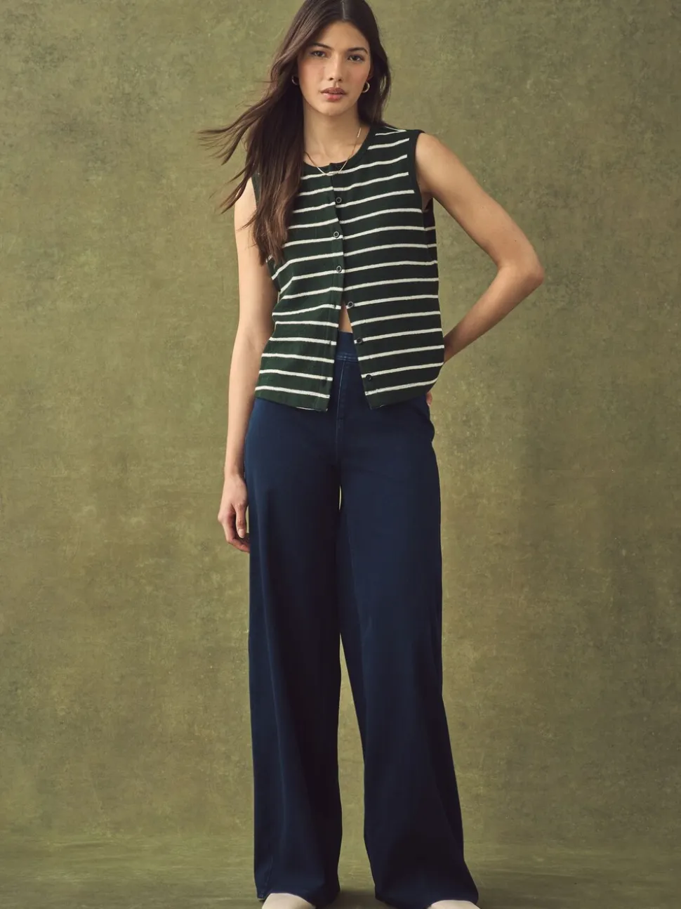 Blauw met wassing - Jersey denim broek met wijde pijpen