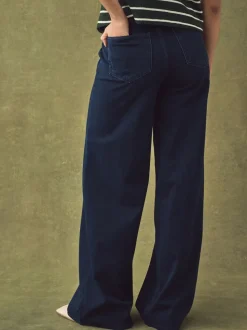 Blauw met wassing - Jersey denim broek met wijde pijpen