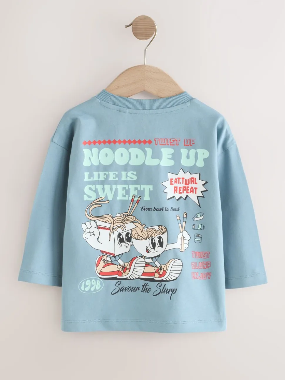 Blauw Noodle Up - T-shirt met lange mouwen en print op de rug (3mnd -8jr)