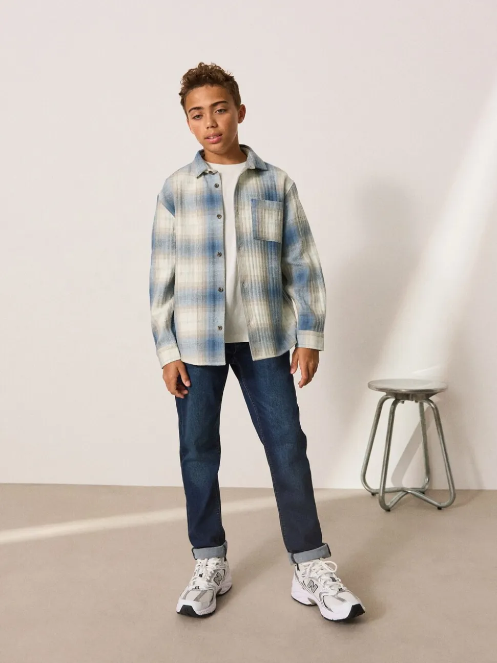 Blauw Schaduw - Set van geruit overhemd met lange mouwen en T-shirt 2 stuks (3-16jaar)