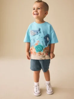 Blauw zeedierenprint - Short Sleeve 3D Padded T-Shirt (3mths-7yrs)
