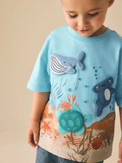 Blauw zeedierenprint - Short Sleeve 3D Padded T-Shirt (3mths-7yrs)