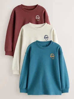 Blauw/bessenkleurig/ecru met print - Verpakking van 3 ruimvallende zware T-shirts met lange mouwen (3-16jr)