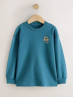 Blauw/bessenkleurig/ecru met print - Verpakking van 3 ruimvallende zware T-shirts met lange mouwen (3-16jr)