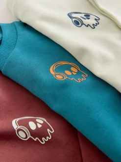 Blauw/bessenkleurig/ecru met print - Verpakking van 3 ruimvallende zware T-shirts met lange mouwen (3-16jr)