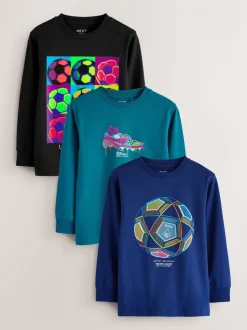 Blauw/Blauwgroen/Zwart Voetbal - 3 Relaxed Fit T-shirts met grafische print en lange mouwen (3-16jr)