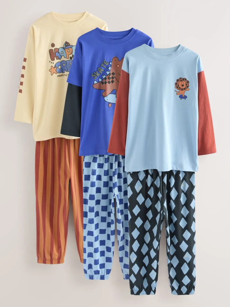 Blauw/bruin met dinosaurus - Verpakking van 3 oversized pyjama's 3 (9mnd -10jr)