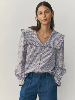 Blauw/bruin met ruitmotief - Oversized Collar Long Sleeve Blouse