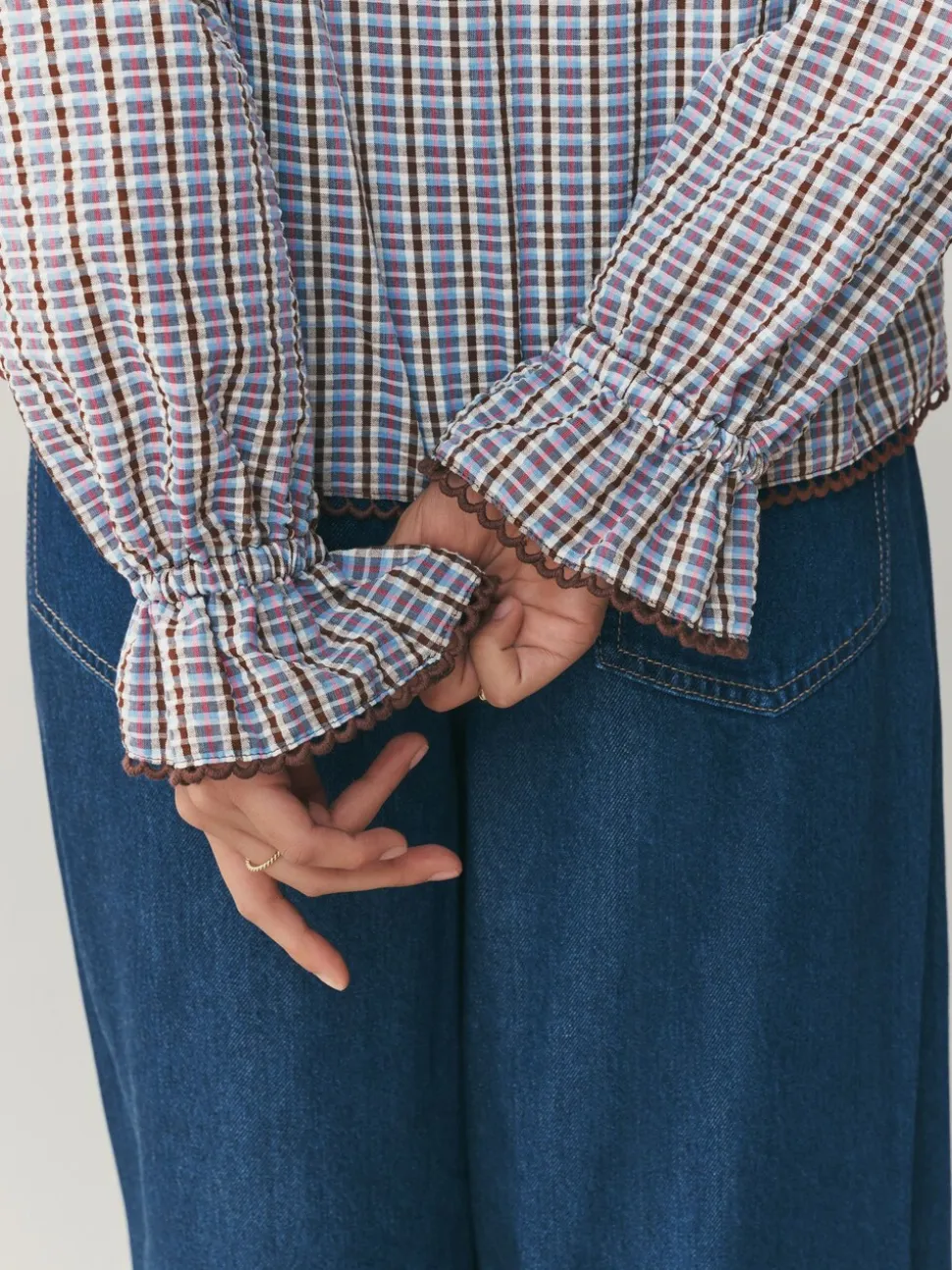 Blauw/bruin met ruitmotief - Oversized Collar Long Sleeve Blouse