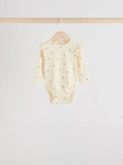 Blauw/crème/koraal Ditsy - Verpakking van 4 babyrompers met lange mouwen en ruches (0mnd-2jr)