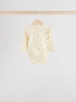 Blauw/crème/koraal Ditsy - Verpakking van 4 babyrompers met lange mouwen en ruches (0mnd-2jr)