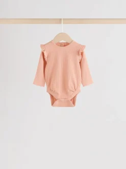 Blauw/crème/koraal Ditsy - Verpakking van 4 babyrompers met lange mouwen en ruches (0mnd-2jr)