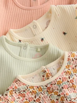 Blauw/crème/koraal Ditsy - Verpakking van 4 babyrompers met lange mouwen en ruches (0mnd-2jr)